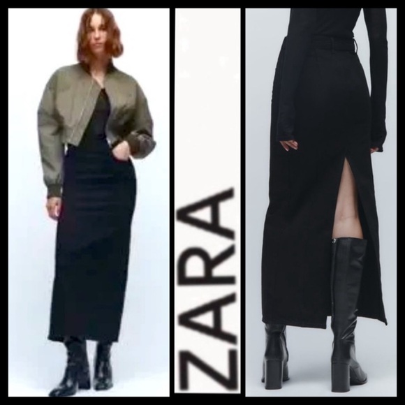 NWOT Zara Black Denim Maxi Skirt with High Slit - Picture 1 of 10